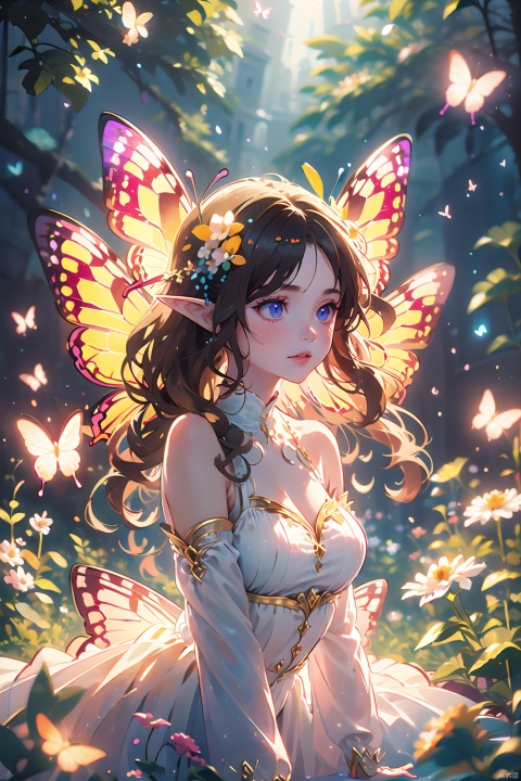  1girl,Butterflies on the Head, antennae, blue butterfly, blue wings, blurry, blurry background, brown hair, butterfly, butterfly hair ornament, butterfly on hand, butterfly wings, cleavage, fairy, fairy wings, flower, flying, glowing butterfly, glowing wings, green wings, hair ornament, ice wings, insect wings, lips, long hair, medium breasts, motion blur, multicolored wings, nature, pink wings, pointy ears, purple wings, solo, transparent wings, white butterfly, white wings, wings, yellow butterfly, yellow wings,Dawn Elf,dawn,glow,Glowing wings,Dress,Multiple butterflies,Glowing Butterfly,Super large wings, pink fantasy, mLD