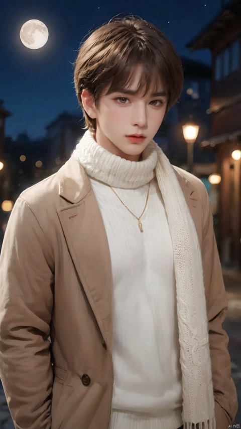 1boy,brown eyes,brown hair,coat,scarf,Bangs,outdoor,standing,White sweater,night,lamp,sweater,lips,looking at viewer,realistic,Long hair,solo, glow, BY MOONCRYPTOWOW, 1 boy