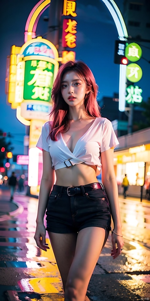 (best quality:1.3),(masterpiece:1.2),16k,Neon light background,Cyberpunk background,Cyberpunk,The lighting effect reflected by neon lights on the character's body,Neon lighting effect,1girl,belt,belt buckle,breasts,buckle,cleavage,collarbone,cowboy shot,lips,long hair,looking at viewer,medium breasts,night,parted lips,pink hair,realistic,shirt,short sleeves,solo,standing,