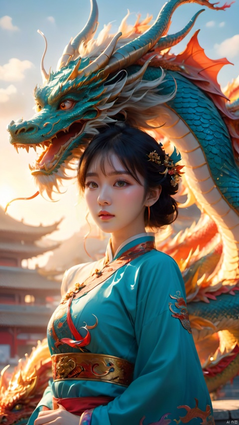  nmzc,zhongguolong,Cloud,, extremely detailed CG unity 8k wallpaper,（masterpiece）,best quality, illustration, horns , (((upturned eastern dragon))),highly detailed,{best quality}, {{masterpiece}}, {highres}, original, extremely detailed 8K wallpaper,masterpiece, best quality, illustration, detailed eyes, cinematic lighting,Gradient_scale,chinese dragon, ((illustration)), ((floating hair)), ((chromatic aberration)), ((caustic)), lens flare, dynamic angle, ((portrait)), (1 girl), ((solo)), cute face, ((hidden hands)), asymmetrical bangs, (beautiful detailed eyes), eye shadow, ((huge clocks)), ((glass strips)), (floating glass fragments), ((colorful refraction)), (beautiful detailed sky), ((dark intense shadows)), ((cinematic lighting)), ((overexposure)), (expressionless), blank stare, big top sleeves, ((frills)), hair_ornament, ribbons, bowties, buttons, (((small breast))), pleated skirt, ((sharp focus)), ((masterpiece)), (((best quality))),, , shenhua, Chinese dragon, glow