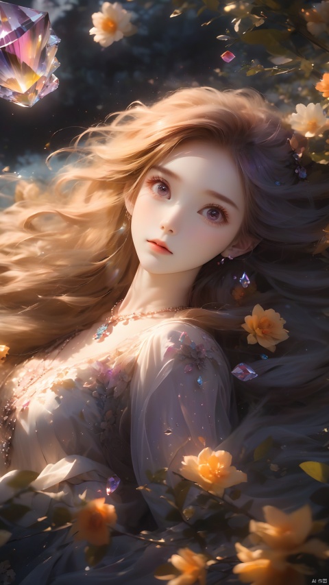 (masterpiece, best quali),1girl,long_amber_hair,amber_eyes, light gray and light beige, detailed, gentle and focused romanticism, overhead shot, dim flowers in the foreground, depth of field, Canon R6, bright soft ambient outdoor light, liuyifei,depressed,Crystal Girl, Colorful crystal decoration,Crystal necklace,Crystal on the body,Floating Colorful Crystal,Purple gradient hair,1girl, hand