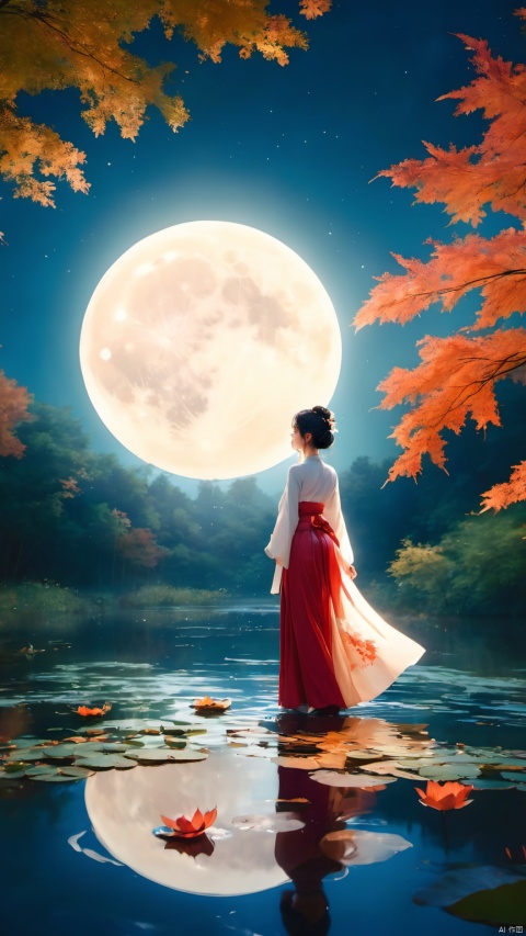 full moon,The Great Moon,moonlight,autumn,autumn leaves,bamboo,bamboo forest,black hair,branch,cloud,cloudy sky,falling leaves,forest,lake,leaf,lily pad,lotus,prospect,Standing in the water, calves in the water, back to the camera, skirt edges glowing,night,maple leaf,nature,night sky,outdoors,ripples,sky,solo,standing,star \(sky\),starry sky,tree,wading,water