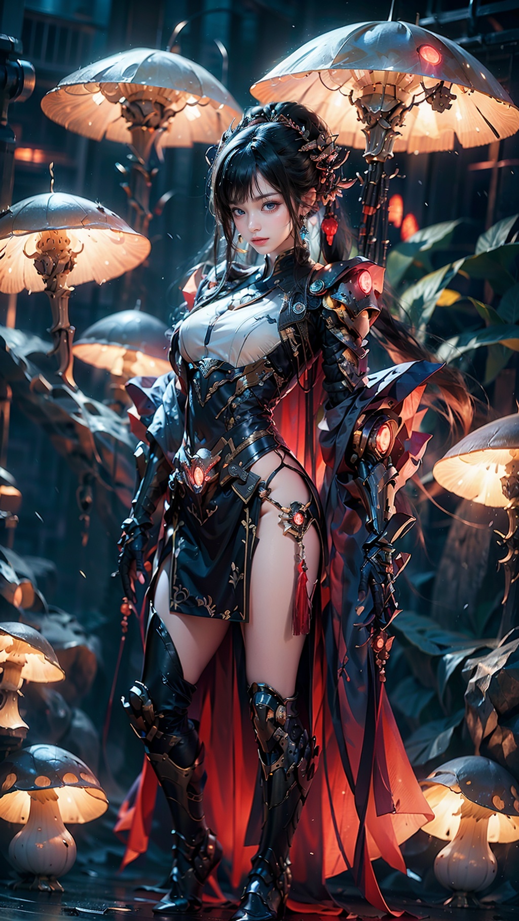 Zerg mecha (Queen), Mushroom Forest, mecha, armor, full body, mechanical arthropods, sharp armor, mushroom forest background, glowing mushrooms, shining mushrooms, multi mushrooms, gloves, complex armor, mecha, mechanical boots, standing, black long hair, sharp fingers, terrifying hand weapons, abnormal hands, mechanical spider legs behind, single ponytail, semi exposed thighs, ground, outdoor, blurry background, The purple glowing spot at the knee, 1girl, glow, cyberhanfu