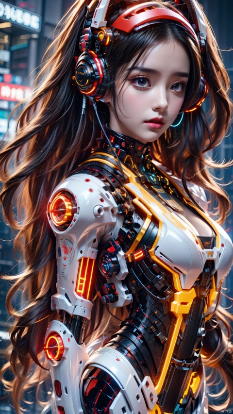 1girl, brown eyes, glowing, looking at the audience, multi light source headphones, huge mechanical headphones. Super complex headphone helmet with front illuminated camera structure. Complex structure mecha helmet,Multi earpiece structure, mechanical structure extending upwards on both sides of the head, shoulder mecha, complex metal mecha on the shoulders, complex mechanical structure neck guard, complex mechanical microphone, complex mechanical collar, luminous metal neck guard, full body mecha, multi light source mecha, realistic, black hair, science fiction, single person, close-up, oblique body, full body multi line light, realistic materials, simple background,Cyberpunk
