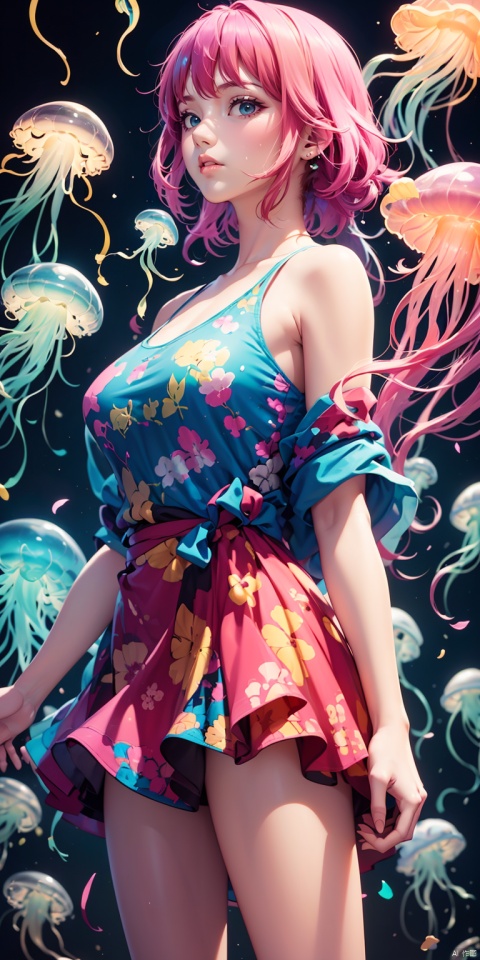 Colorful Girl, 1Girl,Colorful jellyfish, colorful jellyfish floating in the air,Close shot, large jellyfish on head, front, upper body, above thighs, blue tank top dress, complex fluid shaped colored short skirt at waist, off shoulder, colorful print, looking at the camera, colored gradient hair, dark gradient background, depth of field, glow, hand101, 1girl