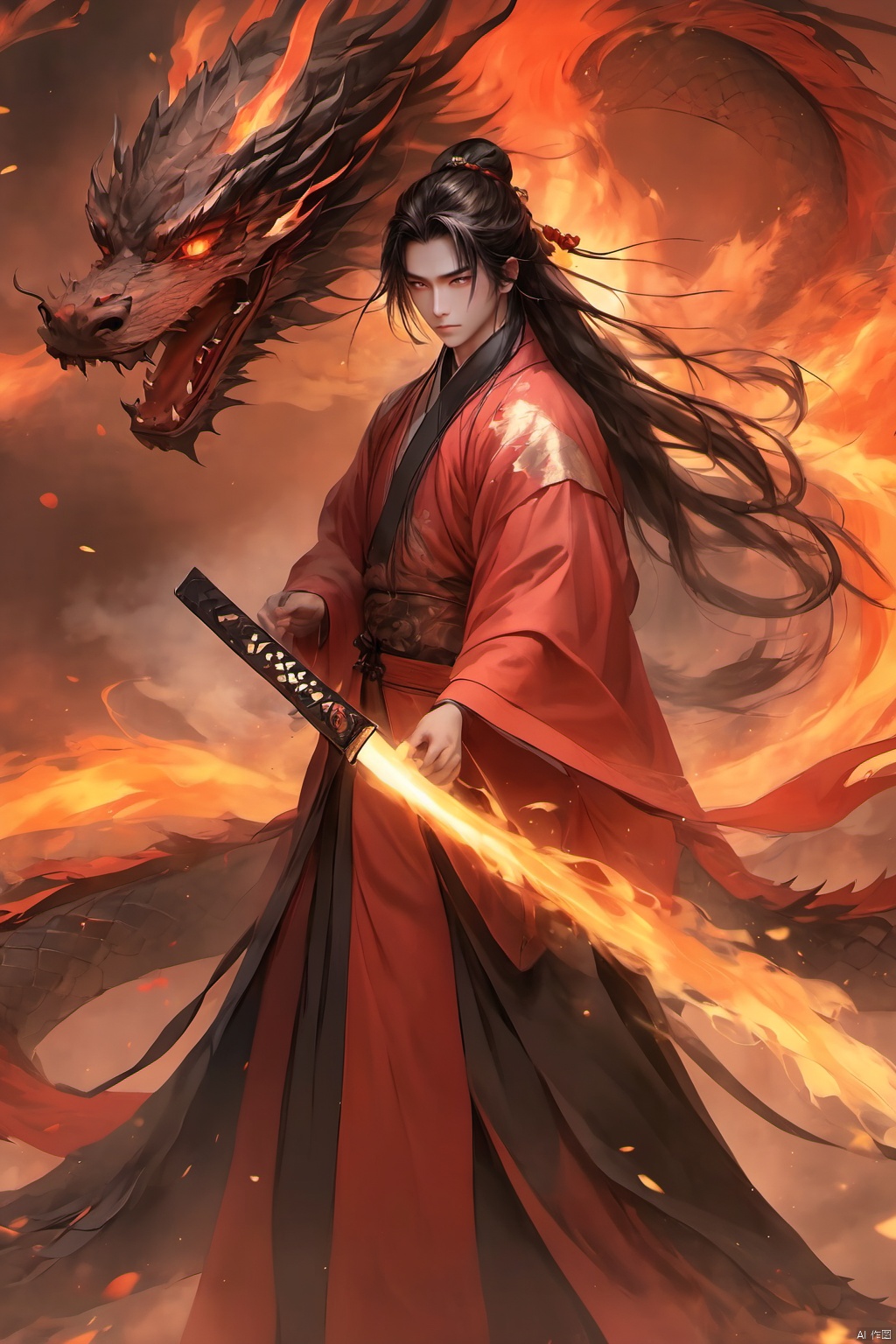  (masterpiece, best quality:1.5), smoke dragon,1 boy, black hair, Breathing fire, combustion, ember, whole body, Keep, Keep sword, Keep arms,dark magic,Ancient Chinese Hanfu, long hair, long sleeves, looking at the audience, male focus, Red theme, alone, Permanently installed, sword, very long hair, arms