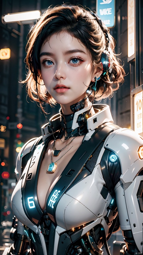 1girl,blue eyes,glowing,looking at viewer,parted lips,realistic,Chest Glow,Silver all metal mecha,necklace,Black to white gradient hair,Full body mecha,Positive close-up,Silver glowing mecha on chest,science fiction,short hair,solo,upper body,Mecha,Hard surface,Streamlined mecha,Realistic materials,Glowing mecha,Multi light source mecha,night,Neon lights, 1girl