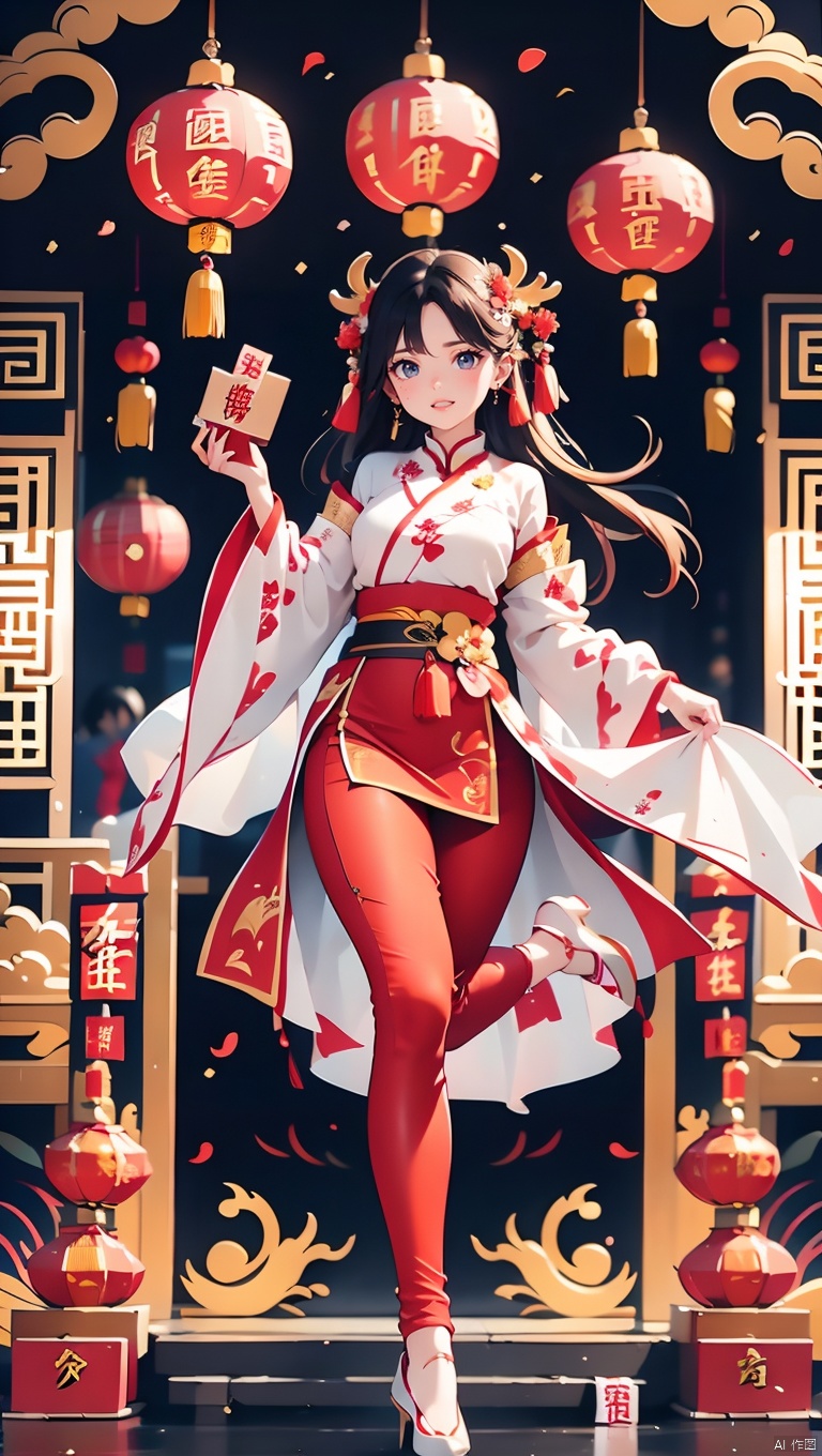 1girl,Chinese New Year,Welcoming Spring Girl,Spring welcome clothing,Hanfu,Chinese knot,Red Theme,White top,Big long legs,Red skirt,The huge mecha building behind it,full body,front,Animal mechs crossing over their feet,Tassel earrings,Looking up,Red leggings,dragon,ancient Chinese architecture,Red Lantern,Zhang **** Jie Cai,Full of joy and joy,Spring Festival couplets,Ancient Chinese script,Brown eyes,Clothing printing, Bride in wedding attire,Red wedding dress, Chinese Dragon,The Year of the Dragon in China
