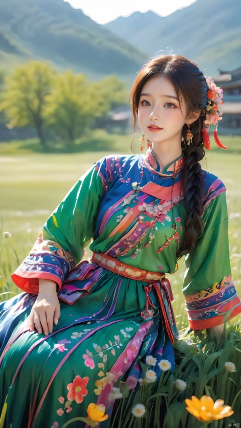  1girl,(Dynamic Pose:1.5),Chinese Yi ethnic clothing,A Yi girl is sitting on the green grass, wearing a colorful embroidered dress, holding a bunch of wild flowers in her hand, the breeze blowing her long hair, smiling, 1girl