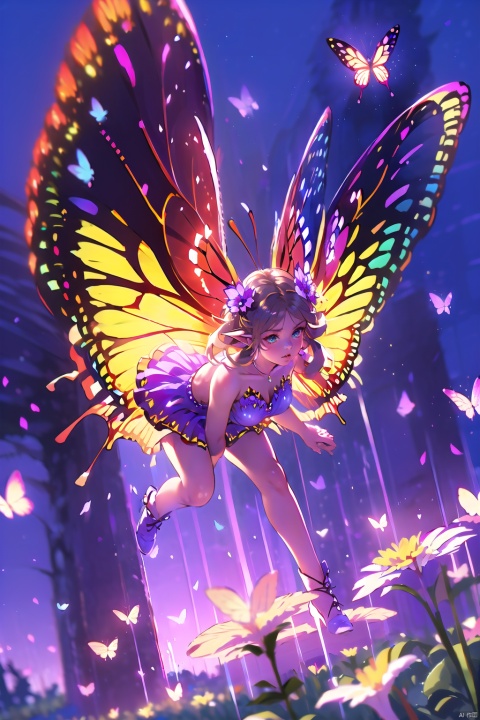  1girl,Butterflies on the Head, antennae, blue butterfly, blue wings, blurry, blurry background, brown hair, butterfly, butterfly hair ornament, butterfly on hand, butterfly wings, cleavage, fairy, fairy wings, flower, flying, glowing butterfly, glowing wings, green wings, hair ornament, ice wings, insect wings, lips, long hair, medium breasts, motion blur, multicolored wings, nature, pink wings, pointy ears, purple wings, solo, transparent wings, white butterfly, white wings, wings, yellow butterfly, yellow wings,Dawn Elf,dawn,glow,Glowing wings,Dress,Multiple butterflies,Glowing Butterfly,Super large wings, pink fantasy, mLD, guidao