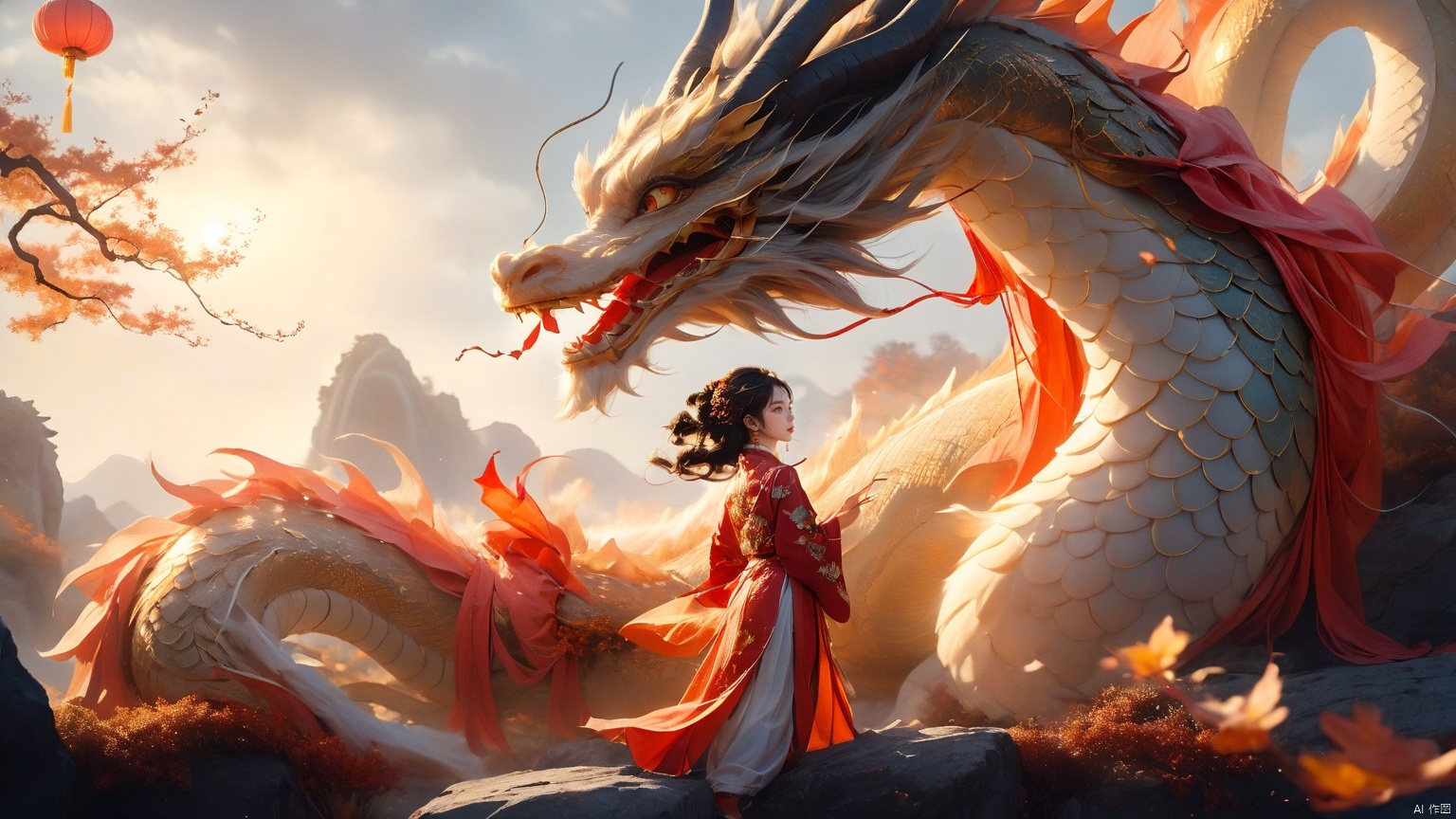 The girl and the Chinese dragon,Chinese dragon,1girl,autumn,autumn leaves,Chinese Hanfu,squama ,The hair on the faucet,Ultimate details,Dragon horn,The graceful and winding dragon body,black hair,campfire,cloud,The girl stood on the dragon's body, leaning sideways, with rocks blocking her feet,The dragon head is suspended above the girl,Mid to close range,Red Dragon,dragon,Open the dragon's mouth,The camera looks up from below,dragon horns,eastern dragon,evening,gradient sky,horns,long hair,scales,sky,smoke,sun,sunset,teeth,twilight, Chinese dragon, glow