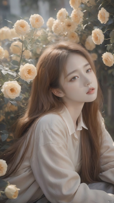 1girl,long_amber_hair,amber_eyes, light gray and light beige, detailed, gentle and focused romanticism, overhead shot, dim flowers in the foreground, depth of field, Canon R6, bright soft ambient outdoor light, liuyifei,depressed