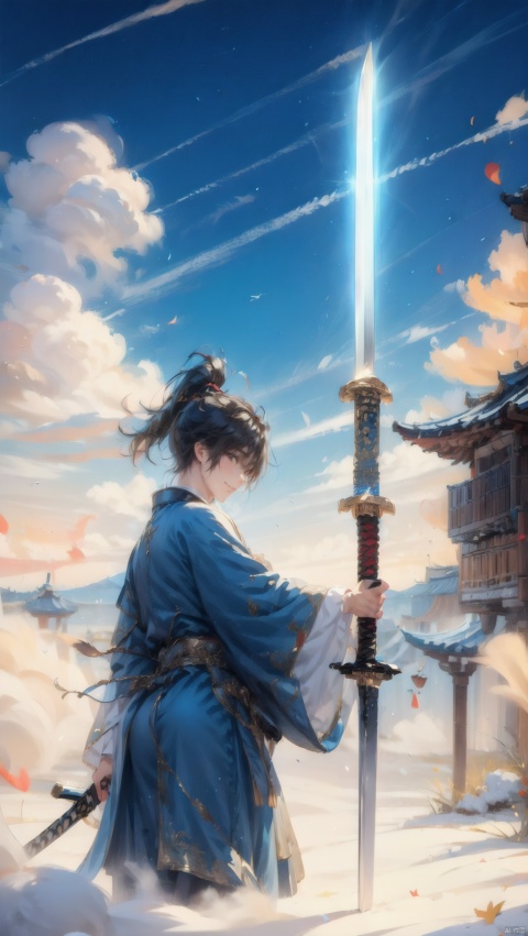  (1boy:1.5),（Soaring through the clouds and mist）,black hair,A large amount of fog,（Standing on the Cloud）,(Clouds covering the ground),levitate,No ground,cloud,cloudy sky,evening,gradient sky,high ponytail,holding sword,Massive Clouds,Holding a long stick,Red and blue clouds,Upper body,Hanfu,long hair,male focus,outdoors,ponytail,sky,smile,solo,sword,twilight,wide sleeves, 1 boy, mech