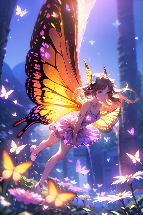  1girl,Butterflies on the Head, antennae, blue butterfly, blue wings, blurry, blurry background, brown hair, butterfly, butterfly hair ornament, butterfly on hand, butterfly wings, cleavage, fairy, fairy wings, flower, flying, glowing butterfly, glowing wings, green wings, hair ornament, ice wings, insect wings, lips, long hair, medium breasts, motion blur, multicolored wings, nature, pink wings, pointy ears, purple wings, solo, transparent wings, white butterfly, white wings, wings, yellow butterfly, yellow wings,Dawn Elf,dawn,glow,Glowing wings,Dress,Multiple butterflies,Glowing Butterfly,Super large wings, pink fantasy, mLD, guidao