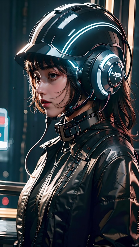 (best quality:1.3),(masterpiece:1.2),16k,1girl,Cyberpunk,Mechanical earphones,Luminous earphones,Mechanical necklace,Technological background,High brightness contrast,Integrated encapsulated mechanical helmet earphones,Oblique side close-up,Black jacket,Fragmented mechanical neck guard,Mechanical helmet,Big headphones,indoor,Behind the scenes electronic devices,Upper body,Above the abdomen,Complex headphones,night, 1girl,Cyberpunk,Mechanical earphones