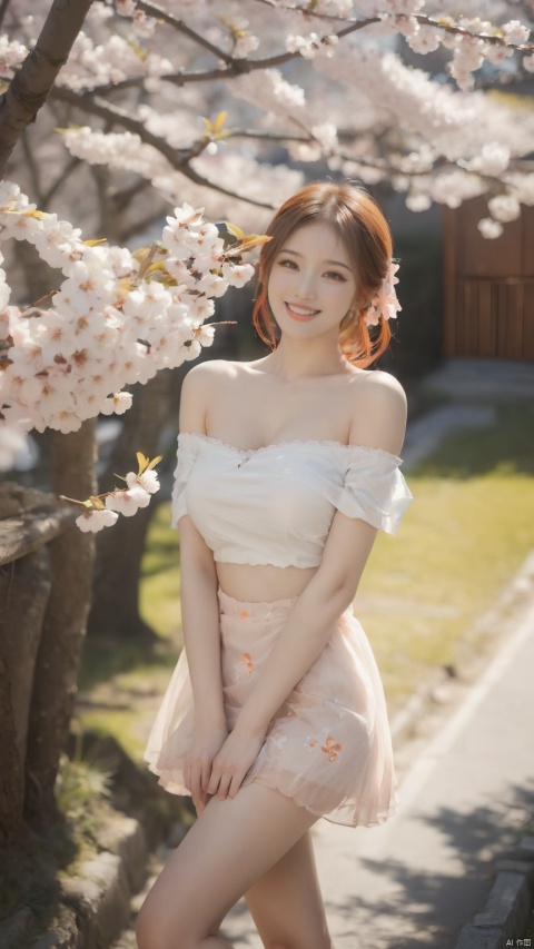 hunv, orange tails, 1girl,breast,off shoulder,delicate face,smile,pretty legs,best light and shadow,cherry_blossom