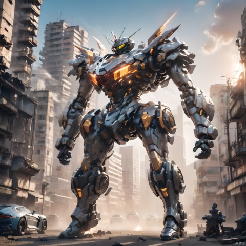 A humanoid mecha, huge mecha, super complex mecha, armed with huge energy weapons, reaction furnace, energy cannon on the shoulder, automobile wheel on the foot, foot composed of sports car, energy muzzle of hand, building, city, ruins, smoke, depth of field, best quality, masterpiece, 8k.
