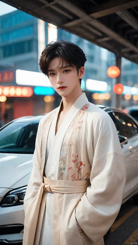 1boy,A handsome man in a signature Hanfu jacket stands smartly by the city&#039;s overpass,his stylish demeanor punctuated by cars and neon lights,