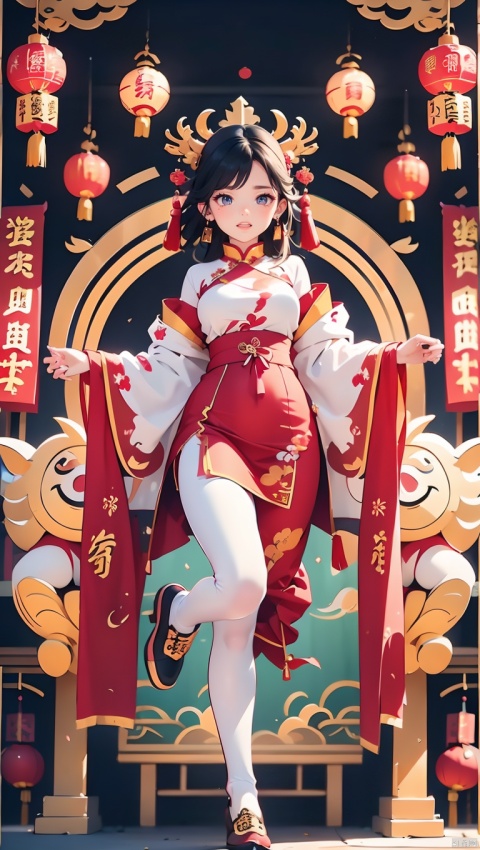 1girl,Chinese New Year,Welcoming Spring Girl,Spring welcome clothing,Hanfu,Chinese knot,Red Theme,White top,Big long legs,Red skirt,The huge mecha building behind it,full body,front,Animal mechs crossing over their feet,Tassel earrings,Looking up,Red leggings,dragon,ancient Chinese architecture,Red Lantern,Zhang Deng Jie Cai,Full of joy and joy,Spring Festival couplets,Ancient Chinese script,Brown eyes,Clothing printing, Bride in wedding attire,Red wedding dress, Chinese Dragon,The Year of the Dragon in China