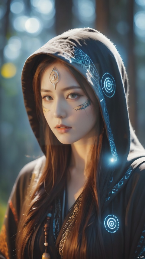 A ghostly female silhouette. Messenger of Nature God. Exiled shaman. integral mask.dark canvas toge. Canvas hood. Runic circle. Elements. Power from inside. Glowing eyes. Bokeh blur. photorealistic,