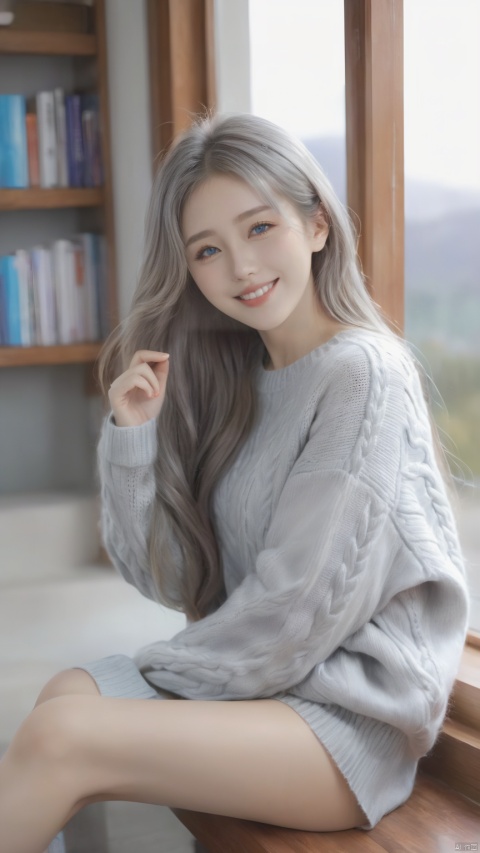 masterpiece,best quality,illustration,ultra detailed,hdr,Depth of field,(colorful),PVC Style,1girl,long hair,elaina (majo no tabitabi),solo,barefoot,ahoge,sweater,sitting,looking at viewer,smile,indoors,wariza,blue eyes,blurry,open mouth,book,grey hair,blurry background,bare legs,long sleeves,reflection,feet,hair between eyes,window,grey sweater,index finger raised,cable knit,aran sweater,:d,toes,legs,artist name,full body,very long hair,soles,