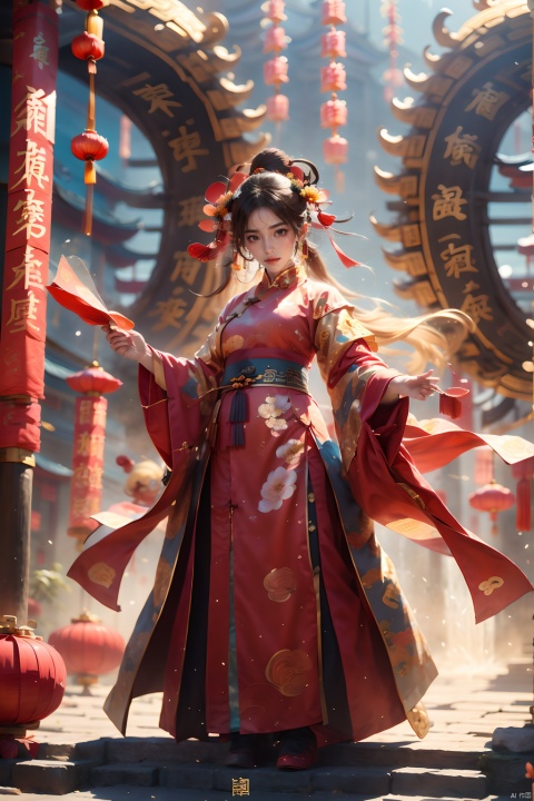 1girl,Chinese New Year,Welcoming Spring Girl,Spring welcome clothing,Hanfu,Chinese knot,Red Theme,Water tank,The huge circular mecha behind it,Looking up,Printed black silk,Headwear,Yellow goldfish,full body,ancient Chinese architecture,Red Lantern,Zhang Deng Jie Cai,Full of joy and joy,Spring Festival couplets,Ancient Chinese script,Brown eyes,Clothing printing, Wen Dao Sheng Zun
