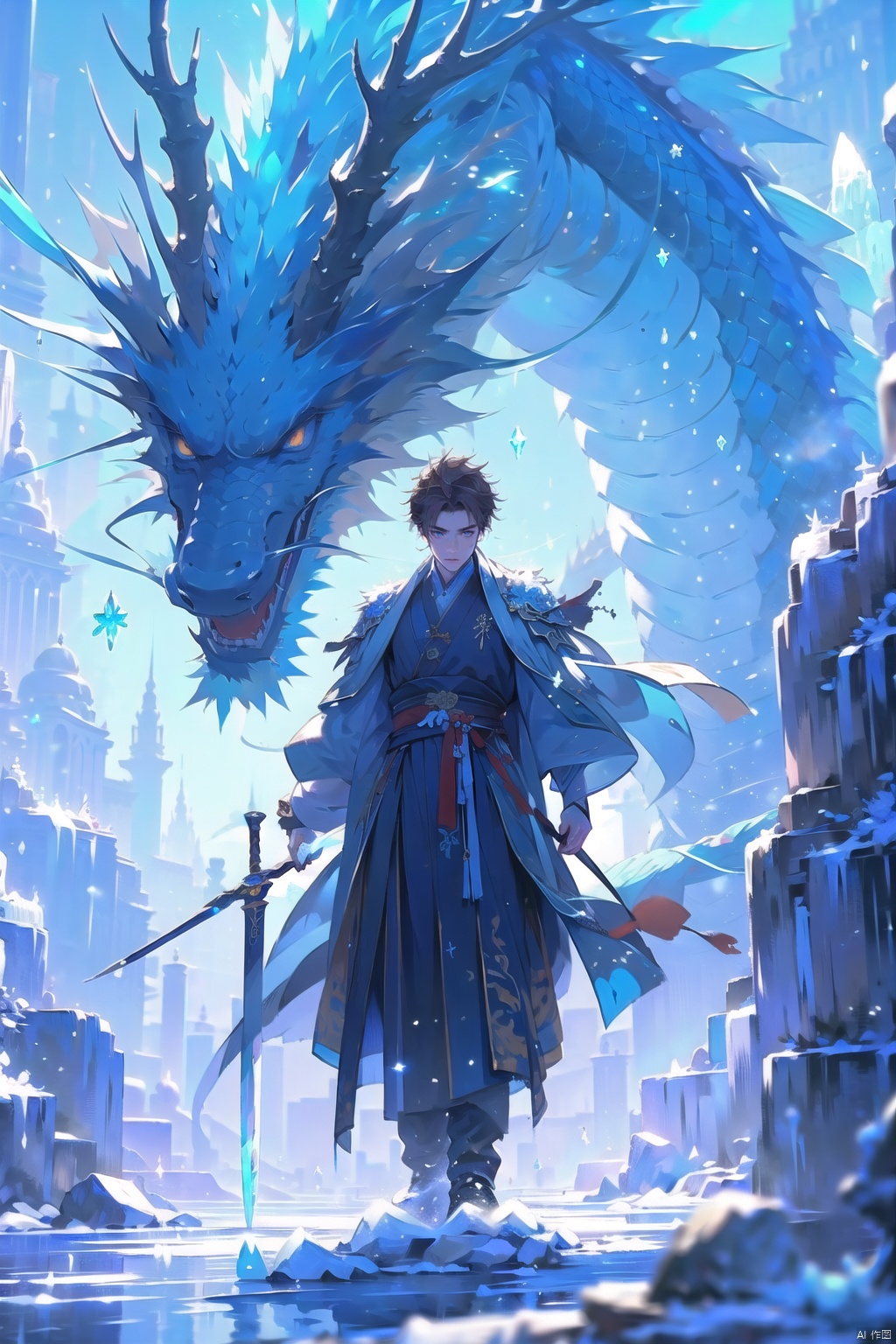  ice magic,(1boy:1.5),1boy, solo,full body,front
,brown hair,handsome, white skin,holding sword,sword,blue theme, holding, holding sword, holding weapon, ice,Ice Magic,Ice crystal,Icicles,ice,Chinese Ice Dragon,short hair,whole body,solo, standing, sword, weaponFacial detail portrayal,Perfect facial features,standing,watch audience,