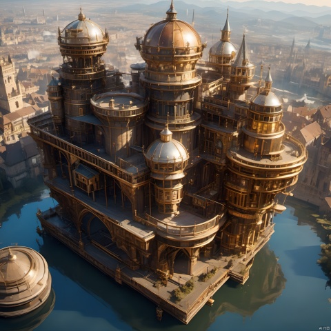 The best quality, masterpiece, steampunk, steampunk world, steampunk castle, floating castle in the air, steampunk architectural background, complex structure, super details, metallic texture, high reflection, ultra wide angle lens,