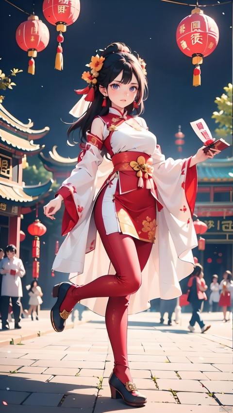 1girl,Chinese New Year,Welcoming Spring Girl,Spring welcome clothing,Hanfu,Chinese knot,Red Theme,White top,Big long legs,Red skirt,The huge mecha building behind it,full body,front,Animal mechs crossing over their feet,Tassel earrings,Looking up,Red leggings,ancient Chinese architecture,Red Lantern,Zhang Deng Jie Cai,Full of joy and joy,Spring Festival couplets,Ancient Chinese script,Brown eyes,Clothing printing, Bride in wedding attire,Red wedding dress, Chinese Dragon