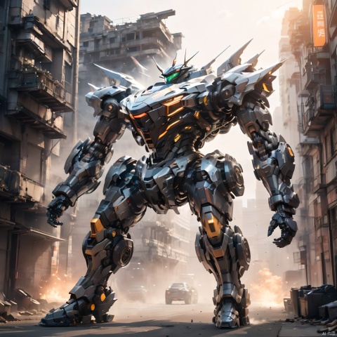 A humanoid mecha, huge mecha, super complex mecha, armed with huge energy weapons, reaction furnace, energy cannon on the shoulder, automobile wheel on the foot, foot composed of sports car, energy muzzle of hand, building, city, ruins, smoke, depth of field, （best quality：1.5）, masterpiece, 8k.