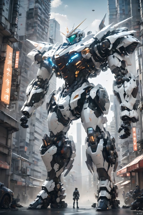  (masterpiece, best quality:1.2),Giant mecha,Vital Suits ,car,city,cityscape,Super complex mechanical structure,full body,Looking up,Complex mecha structure,Luminous mecha,White and black mecha,mecha,multiple boys,realistic,robot,science fiction,skyscraper,street,variable fighter,1girl