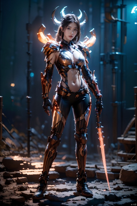  Zerg Mech (Queen),Armor,full body,Mechanical arthropods,Sharp armor,glove,Complex armor,Calf mecha,standing,Holding a glowing weapon in his hand,ground,Blur background,Tight fitting clothing,Navel,Half exposed chest,The cow horn mecha structure on the shoulder armor,The mechanical spider legs behind it,Black longhair,机械耳机, glow