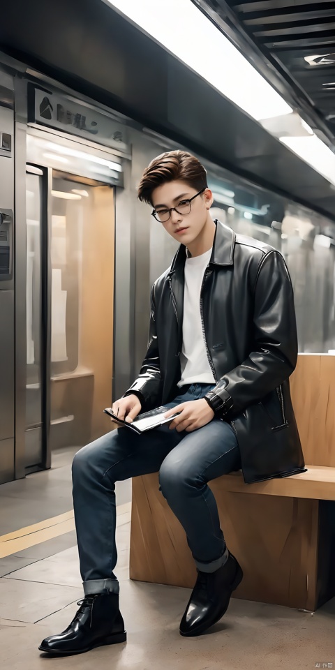 1boy, monochromatic clothing, modern architecture, mobile phone or laptop, frameless glasses, wallet, watch, high-end leather bag, flat shoes, gray tone, coffee shop, modern art museum, design studio, urban scenery, skyline, subway station