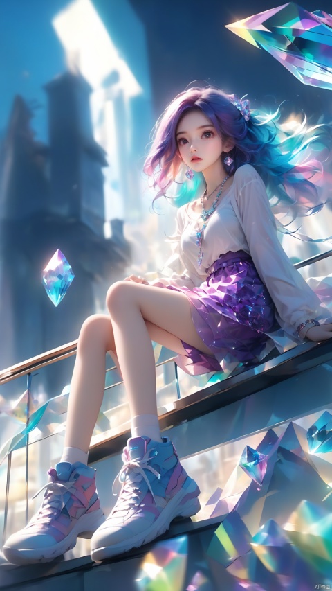 (masterpiece, best quali),1girl,blue sky,blurry background,Looking up,Shoes close to the camera,From below,full body,lips,long sleeves,looking at viewer,motion blur,outdoors,parted lips,railing,shoes,shorts,sitting,Crystal Girl, Colorful crystal decoration,Crystal necklace,Crystal on the body,Floating Colorful Crystal,Purple gradient hair,1girl, hand