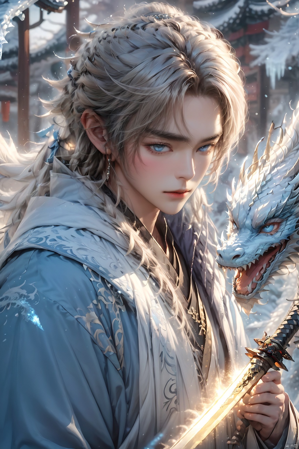  (masterpiece, best quality:1.5), 1boy, blue eyes, closed mouth, eyelashes, face, floating hair, glowing, holding,Ice Magic,Ice crystal,Icicles,ice,Chinese Ice Dragon, holding weapon,Chinese clothing, looking at viewer, male focus, solo, sword, weapon, white hair, 1BOY, glow