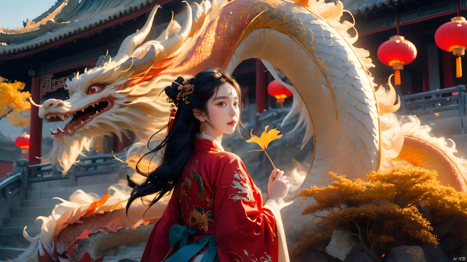 The girl and the Chinese dragon,Chinese dragon,1girl,autumn,autumn leaves,Chinese Hanfu,squama ,The hair on the faucet,Ultimate details,Dragon horn,The graceful and winding dragon body,campfire,chinese clothes,dragon,The girl stood in front of an ancient Chinese street, with her back to the camera and looking back, full body,The dragon's body approaches the girl,Blue Dragon,Complex Golden Crown,ancient Chinese architecture,Open the dragon's mouth,dragon horns,The camera looks up from below,east asian architecture,eastern dragon,horns,lantern,long hair,maple leaf,open mouth,paper lantern,red eyes,scales,teeth,very long hair, Chinese dragon, glow