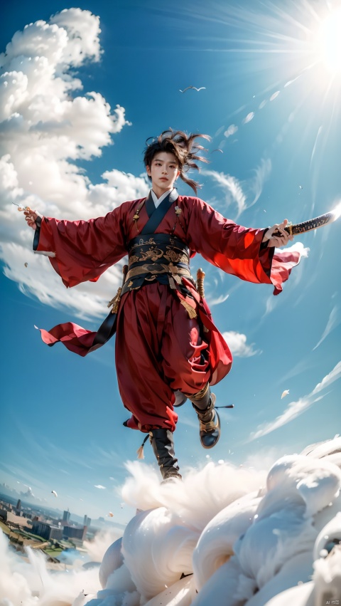 1boy, Hanfu, flying in the air, a lot of clouds, a lot of smoke, dynamic posture, holding a sword, wind, walking on clouds, fisheye lens, overlooking, medium vision, whole body, a lot of clouds at the feet, best quality, masterpiece, 8k, details.