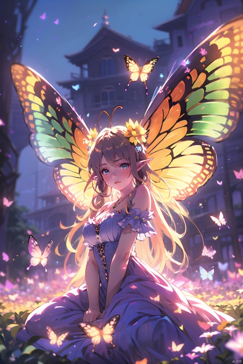  1girl,Butterflies on the Head, antennae, blue butterfly, blue wings, blurry, blurry background, brown hair, butterfly, butterfly hair ornament, butterfly on hand, butterfly wings, cleavage, fairy, fairy wings, flower, flying, glowing butterfly, glowing wings, green wings, hair ornament, ice wings, insect wings, lips, long hair, medium breasts, motion blur, multicolored wings, nature, pink wings, pointy ears, purple wings, solo, transparent wings, white butterfly, white wings, wings, yellow butterfly, yellow wings,Dawn Elf,dawn,glow,Glowing wings,Dress,Multiple butterflies,Glowing Butterfly,Super large wings, pink fantasy, mLD, guidao