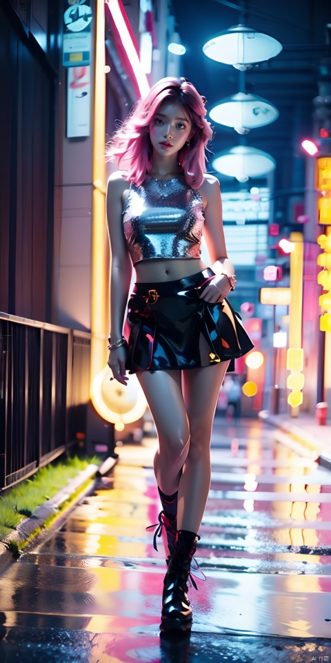 (best quality:1.3),(masterpiece:1.2),16k,Neon light background,Cyberpunk background,Cyberpunk,The lighting effect reflected by neon lights on the character's body,Neon lighting effect,Neon Line Light,1girl,night,boots,bracelet,breasts,cyberpunk,full body,jewelry,looking at viewer,medium breasts,midriff,navel,neon lights,pink hair,skirt,solo,standing,watch