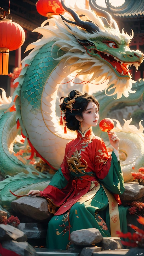 The girl and the Chinese dragon,Chinese dragon,1girl,autumn,Chinese Hanfu,black hair,squama ,The hair on the faucet,Ultimate details,Dragon horn,The graceful and winding dragon body,dragon,Close up, close up,The dragon head is suspended on the girl's head,ancient Chinese architecture,The girl sat on a green stone, sat sideways, looking at the camera, full body,Red Dragon,Open the dragon's mouth,eastern dragon,hair ornament,horns,jewelry,lantern,long hair,new year,paper lantern,sitting,sun,teeth, Chinese dragon