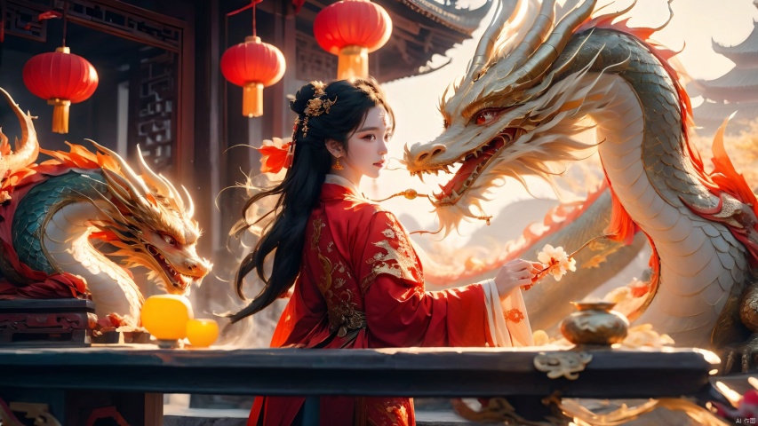 The girl and the Chinese dragon,Chinese dragon,1girl,black hair,Chinese Hanfu,dragon,squama ,The hair on the faucet,Ultimate details,Dragon horn,close-up,Wearing a red gold border Hanfu,Red Dragon Face,The dragon head is suspended on the girl's head,Silver Dragon,The girl leaned against the gilded stone table, sideways,Close range,Open the dragon's mouth,eastern dragon,jewelry,long hair,long sleeves,open mouth,orange eyes,scales,solo,standing,teeth, Chinese dragon, glow