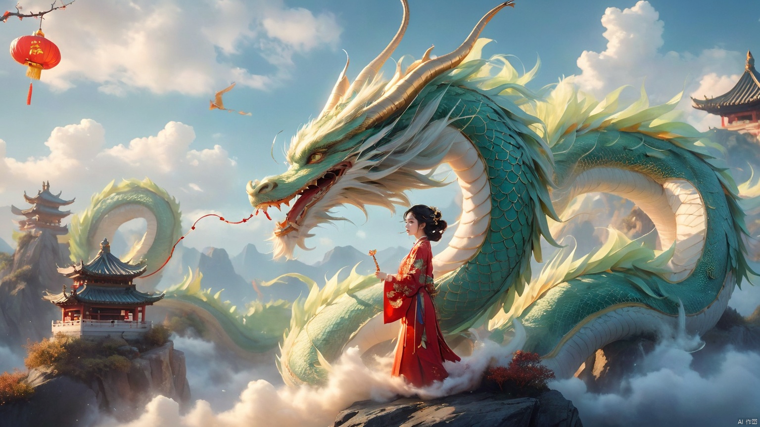 The girl and the Chinese dragon,Chinese dragon,1girl,black hair,cloud,Chinese Hanfu,squama ,The hair on the faucet,Ultimate details,Dragon horn,The graceful and winding dragon body,cloudy sky,day,The dragon's body approaches the girl,Mid to Long Range,Green Dragon,The girl stood on the stone, turned sideways, holding a cylindrical object in her hand, full body,Open the dragon's mouth,dragon,eastern dragon,hair ornament,horns,outdoors,oversized animal,scales,sky,solo,standing,teeth,water, Chinese dragon, glow