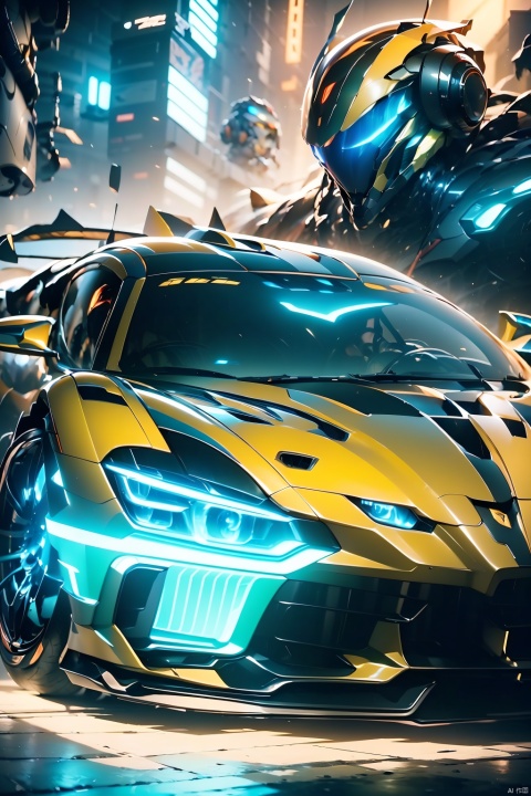 A super sports car, the front of which is facing the camera, has luminous headlights, multi-light sports car, luminous sports car, behind which there is a huge robot, robot, multi-light mecha, luminous mecha, best quality, masterpiece, 8k, unreal 5 engine rendering.