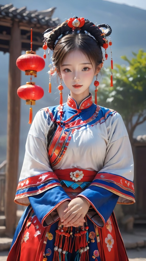  1girl,(Dynamic Pose:1.5),Chinese Yi ethnic clothing,Silver metal headwear,Yi ethnic metal jewelry,A girl from the Yi ethnic group holds hands and performs a traditional dance. She is dressed in Yi ethnic costumes and has a bright smile, showing off her youthful vitality, 1girl, hand