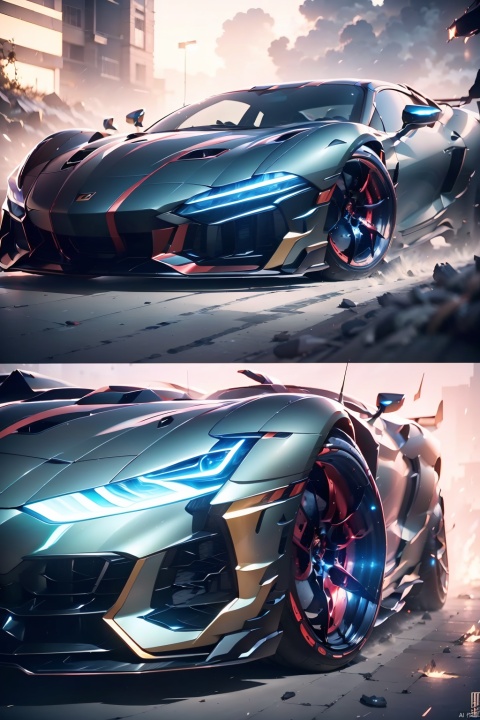 A super sports car, the front of which is facing the camera, has luminous headlights, multi-light sports car, luminous sports car, behind which there is a huge mecha, robot, multi-light mecha, luminous mecha, best quality, masterpiece, 8k, unreal 5 engine rendering.