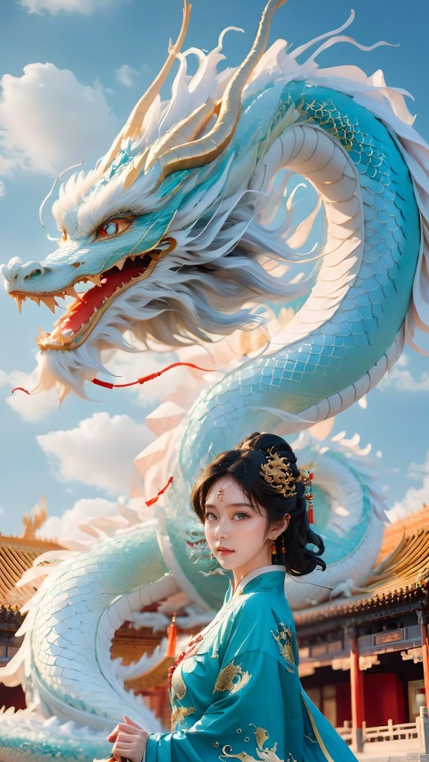 The girl and the Chinese dragon,Chinese dragon,1girl,black hair,blue sky,Chinese Hanfu,squama ,The hair on the faucet,Ultimate details,Dragon horn,The graceful and winding dragon body,breasts,The girl stood in front, with her upper body slightly tilted, looking at the camera,close-up,ancient Chinese architecture,The dragon's body coiled around the roof of a building,Close range,Aqua Blue Dragon,Open the dragon's mouth,chinese clothes,cloud,day,dragon,eastern dragon,long hair,ocean,scales,sky,teeth,water, Chinese dragon