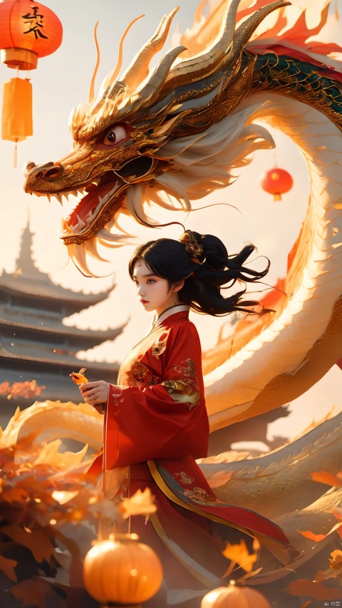 The girl and the Chinese dragon,Chinese dragon,1girl,autumn,autumn leaves,Chinese Hanfu,squama ,The hair on the faucet,Ultimate details,Dragon horn,The graceful and winding dragon body,black hair,campfire,cloud,dragon,Open the dragon's mouth,The girl stood on the dragon's body, turned sideways, waved to the audience, full body,Close range,Earth yellow dragon,dragon horns,The camera looks up from below,eastern dragon,evening,horns,long hair,long sleeves,outdoors,paper lantern,scales,smoke,solo,standing,sunset,teeth,twilight, Chinese dragon