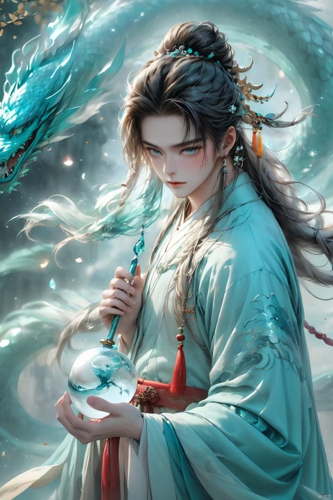 Wind Magic, 1 boy, dynamic pose, holding wind spiral ball, cyan energy spiral ball, spiral, long trailing energy spiral tail, water color hair, depth of field, eyelashes, hair accessories, jewelry, lips, long hair, look at the audience, reality, solo, upper body, water, ancient Chinese Hanfu, wind, glow