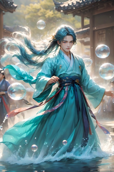 1 boy, upper body, above thigh, front, dynamic posture, hanbok, floating, bubbles, aqua hair, blue hair, foam, floating hair, jewelry, long hair, look at the audience, male focus, fluid, water Magic, fluid hair, running water, necklaces, oceans, 1girl