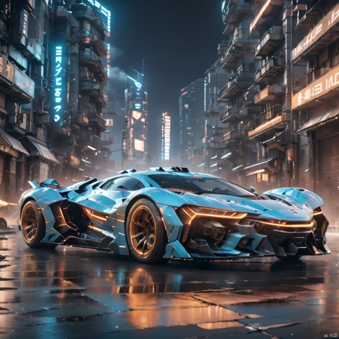 A super mecha combat vehicle, （sports car：1.5）, future technology, complex structure, luminous sports car, multi-light sports car, mecha structure, luminous headlights, line light on the car body, driving in the street, buildings, cities, ruins, smoke, depth of field, best quality, masterpiece, 8k., circuitboard